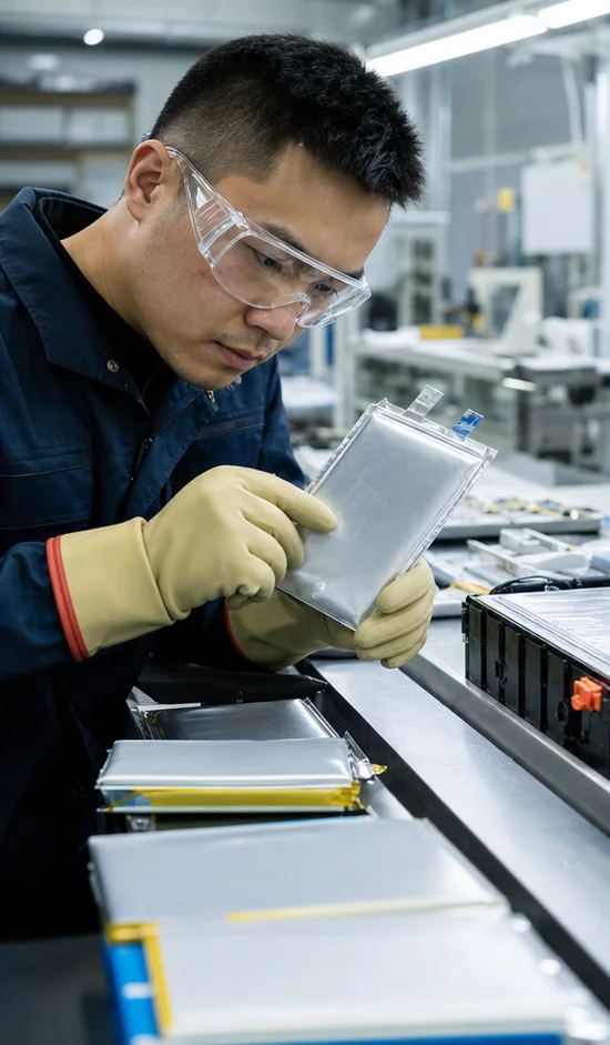 Battery technician performing a visual quality inspection with insulated gloves