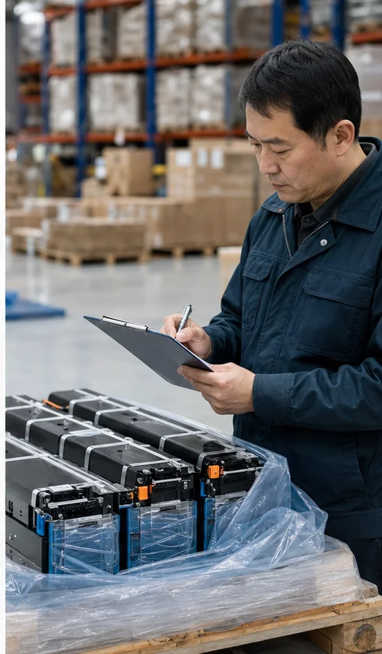Engineer reviewing a battery shipping and inspection checklist in a warehouse