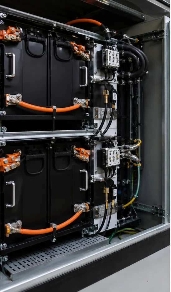 LiFePO4 battery modules inside a stationary energy storage cabinet