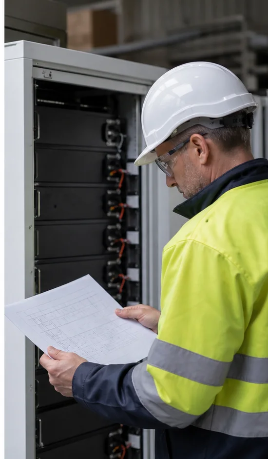 Engineer reviewing an energy storage configuration beside a battery enclosure