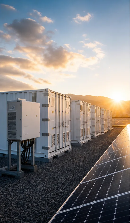 Grid-scale energy storage containers and solar inverters