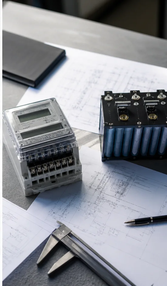 Energy planning desk with meter, drawings and battery module