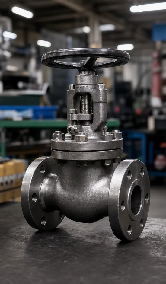 Forged steel globe valve on an industrial workbench