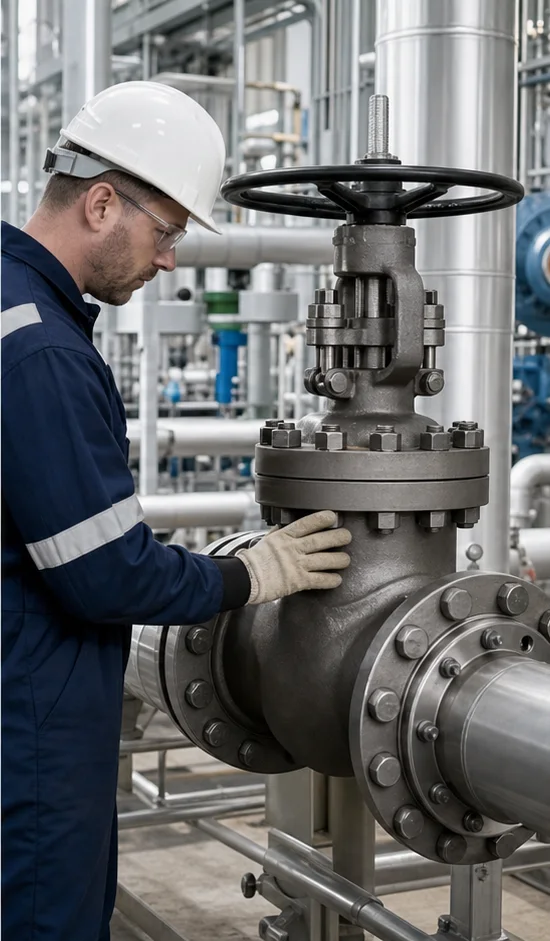 Technician inspecting an industrial globe valve installed in a pipe system