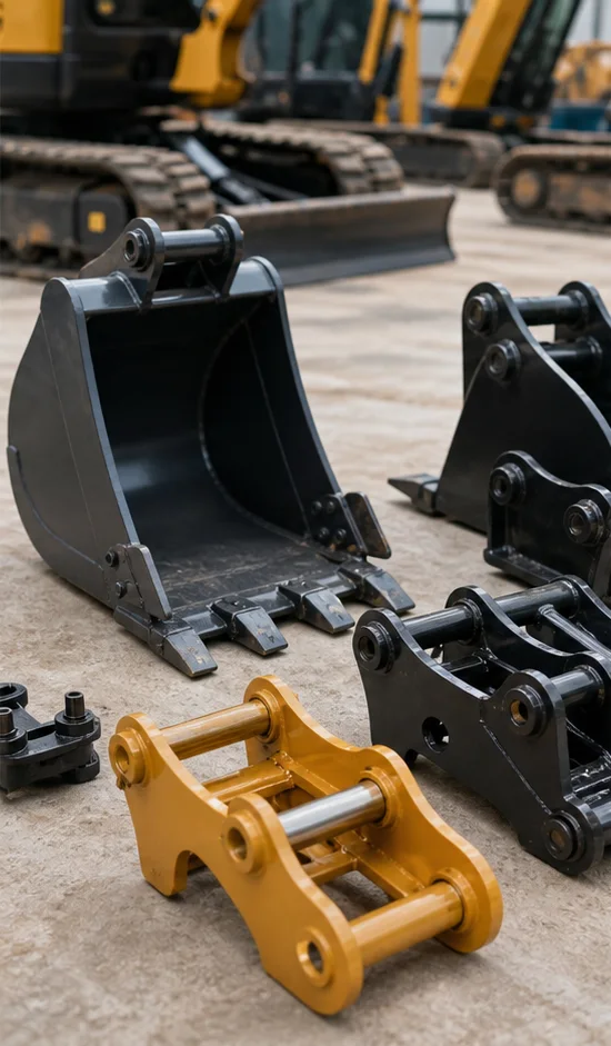 Mini excavator bucket and quick-hitch attachment configuration