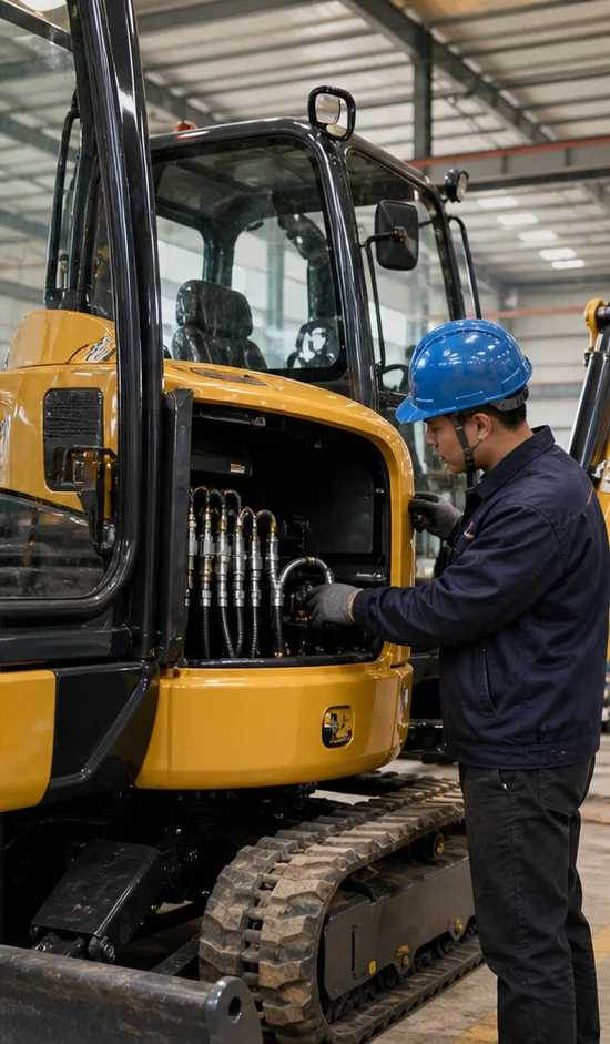 Technician checking a compact excavator before shipment