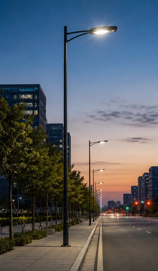 Modern municipal streetlights on an urban boulevard at dusk