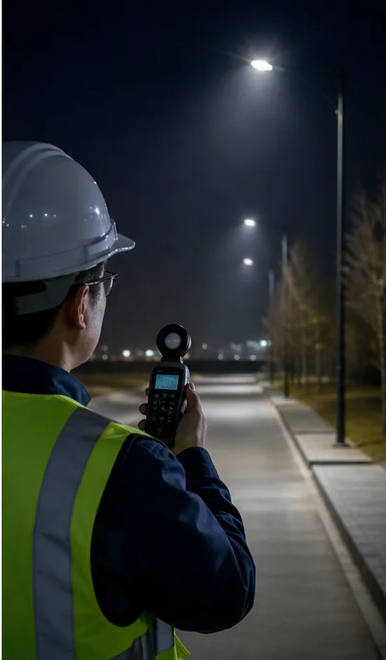 Lighting engineer checking an outdoor installation with a light meter