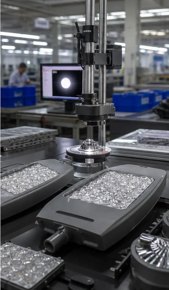 Outdoor lighting quality-control bench with optics and inspection equipment