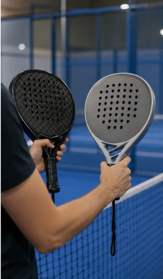 Player comparing two padel rackets before a match